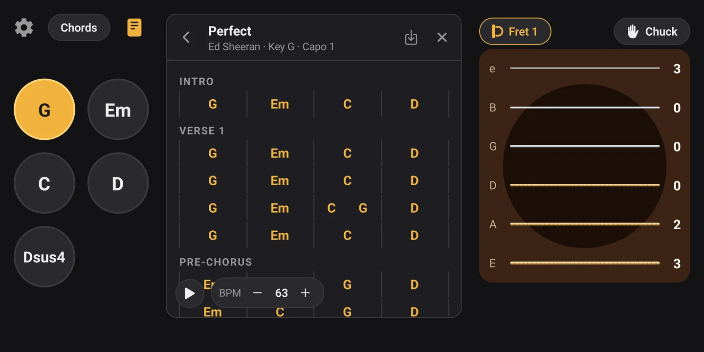 InstaJam's song view: a chord chart beside six guitar strings, with its chords loaded on the chord buttons.