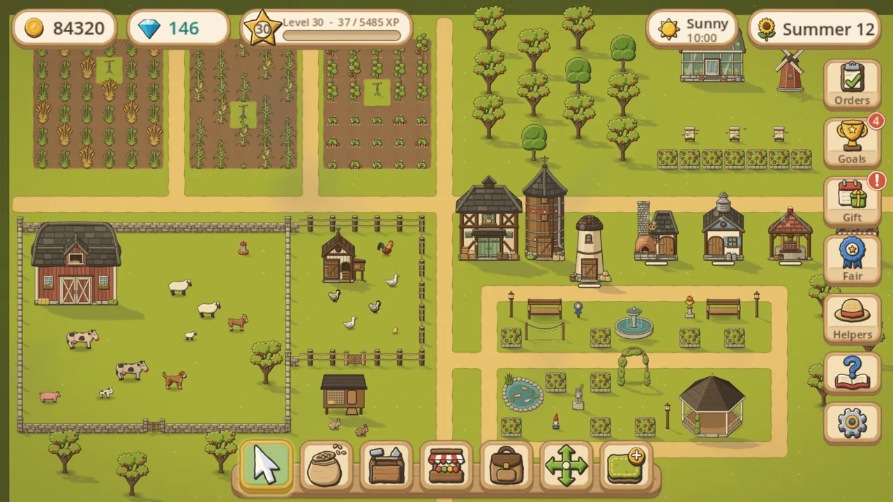 A grown Little Meadow farm in summer: fields, an orchard, a pasture with cows and sheep, workshops and a garden.